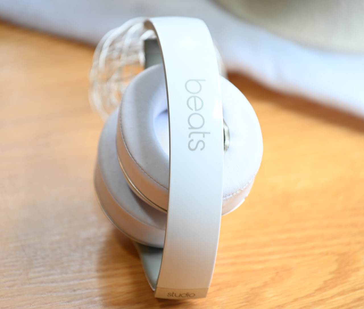 Top view of folded white Beats Studio2 headphones