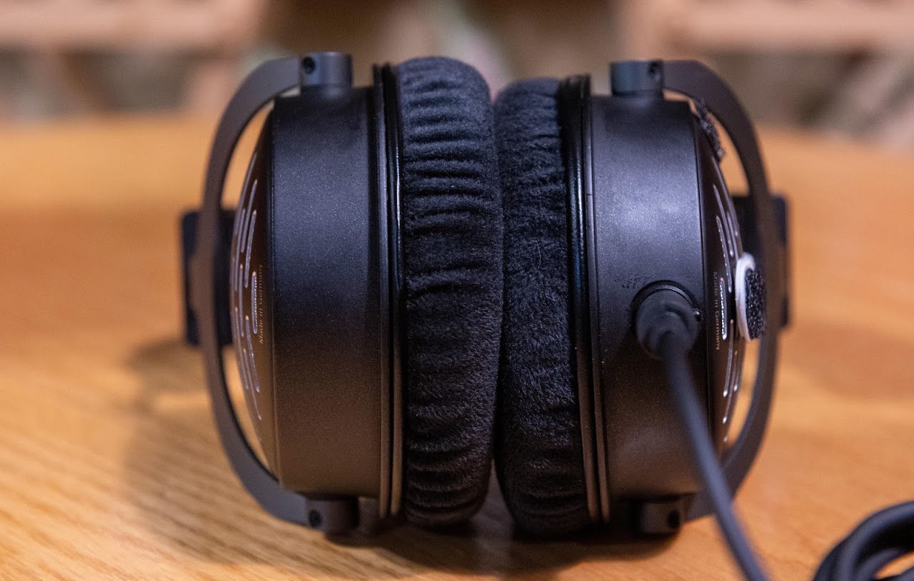 Close view of DT 1990 Pro ear pads and cable connection