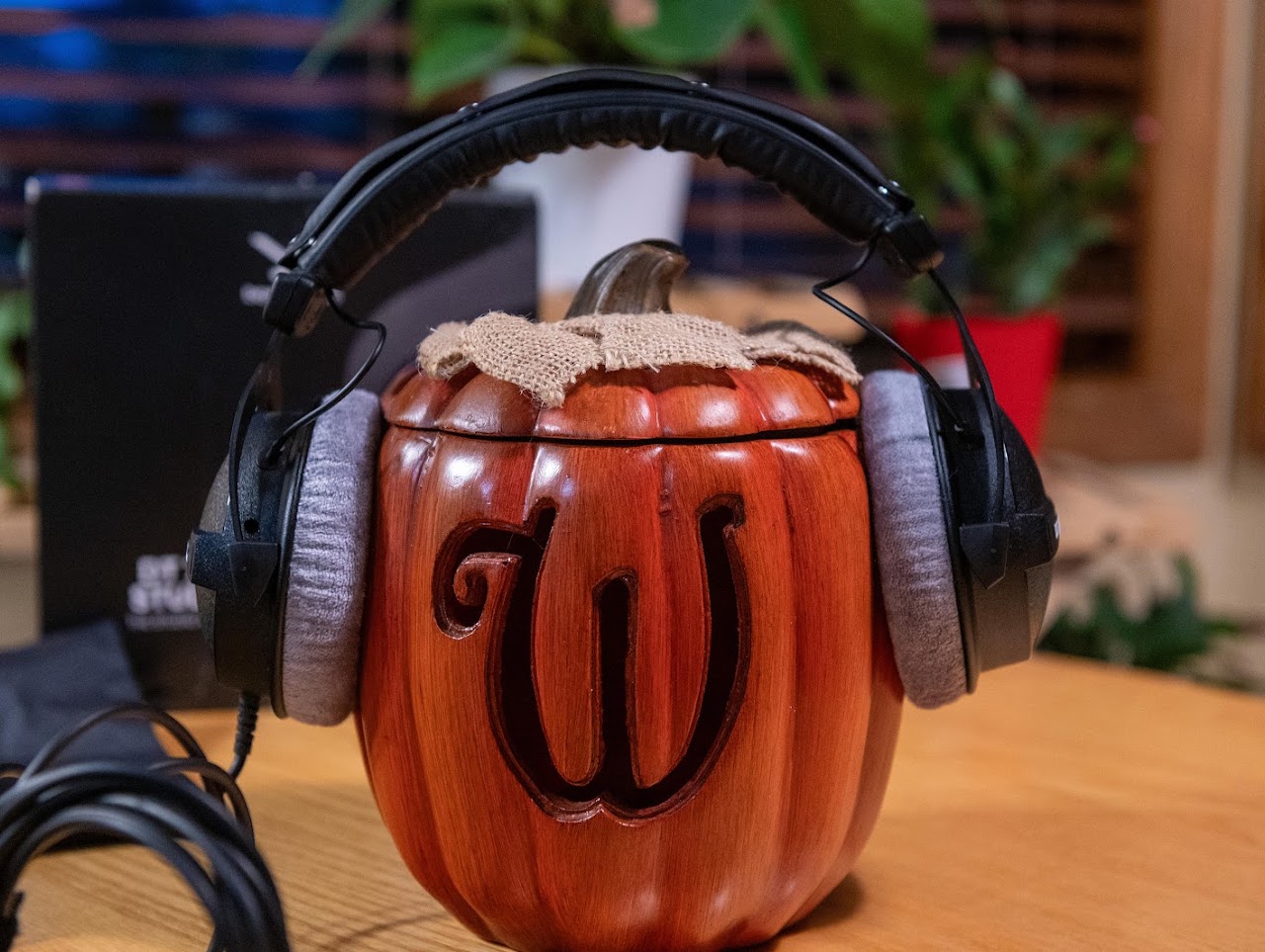 Beyerdynamic DT 770 headphones on a carved wooden head display
