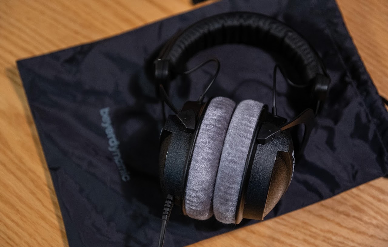 Beyerdynamic DT 770 headphones folded inside their carrying pouch