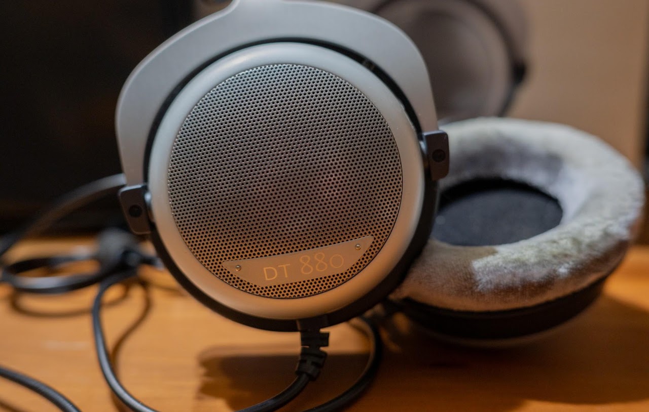 Close view of a Beyerdynamic DT 880 ear cup and velour pad