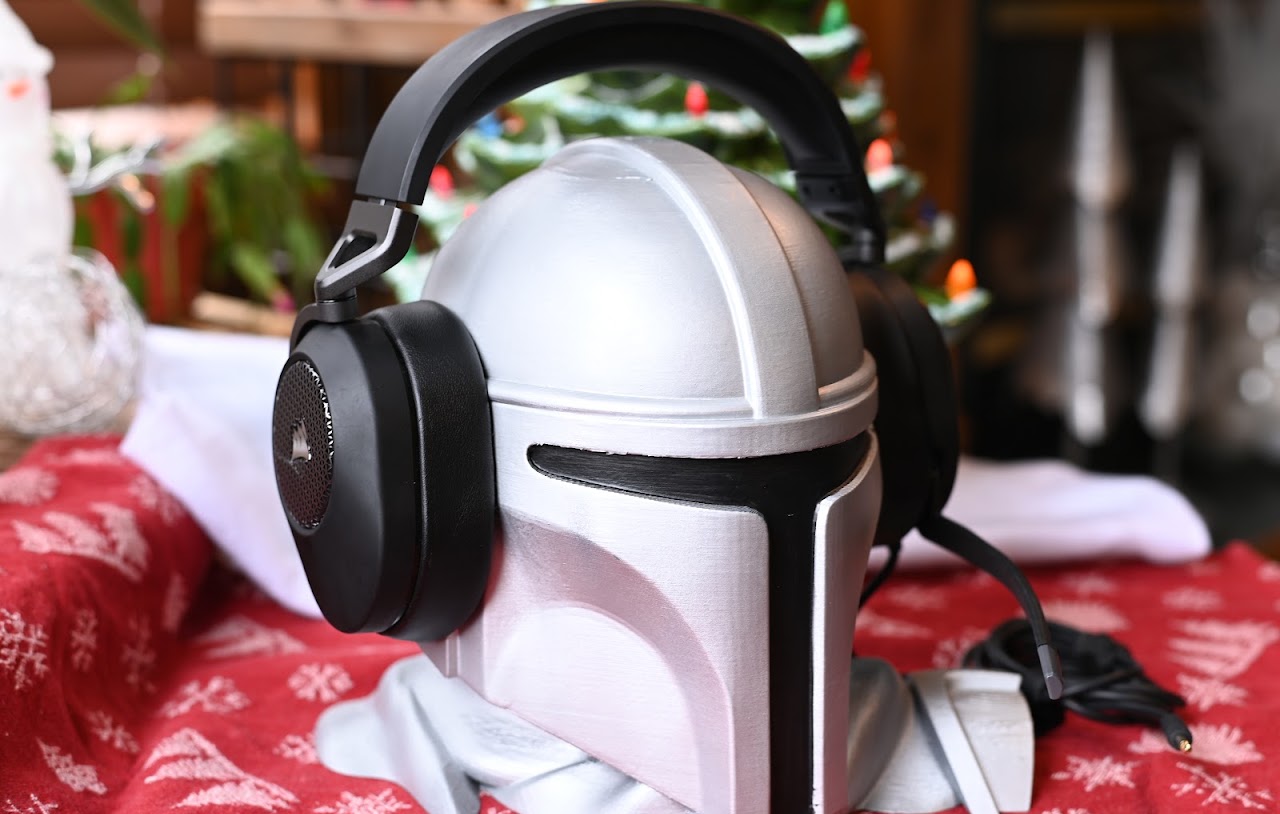 Corsair HS65 headset on a display helmet