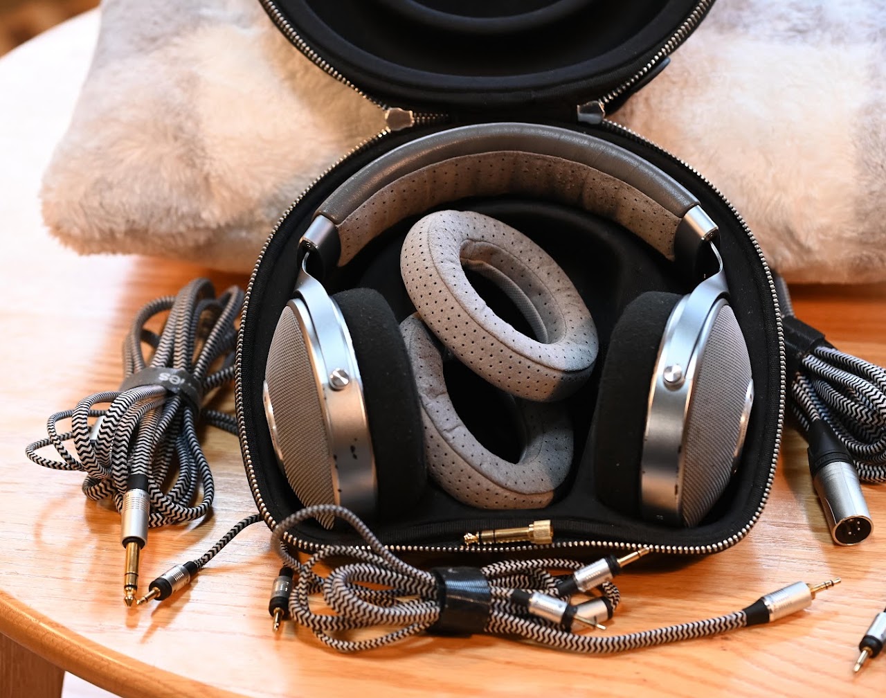 Focal Clear headphones and cables in an open carrying case