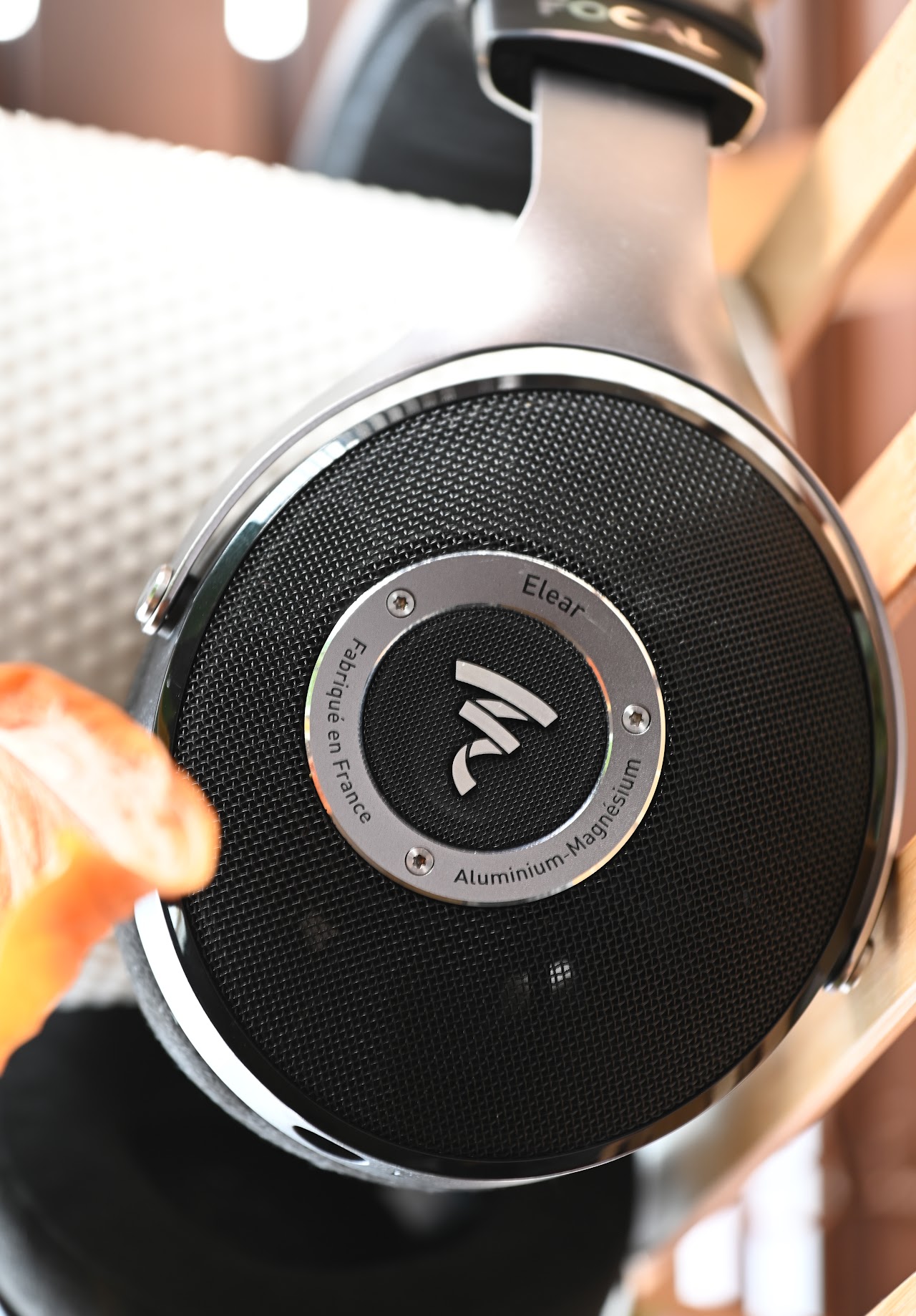 Focal Elear headphones on a helmet display