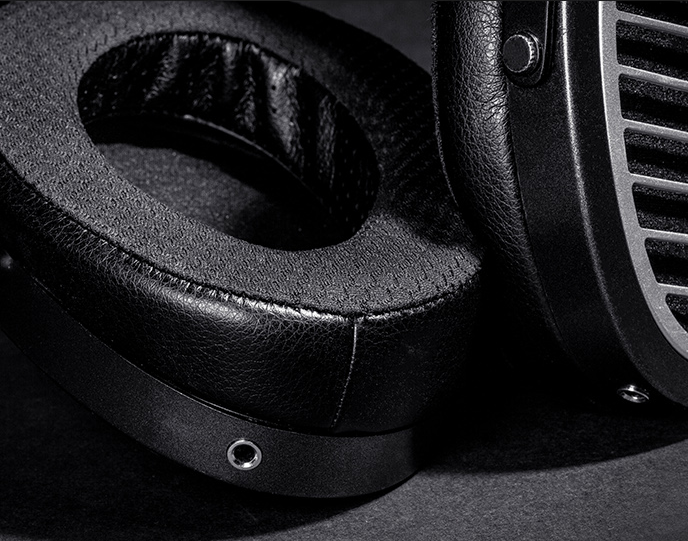 Close view of a Hifiman Edition XS ear pad and cable socket