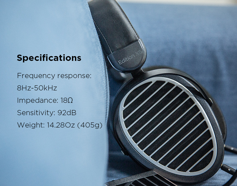 Hifiman Edition XS headphones beside a printed specifications list